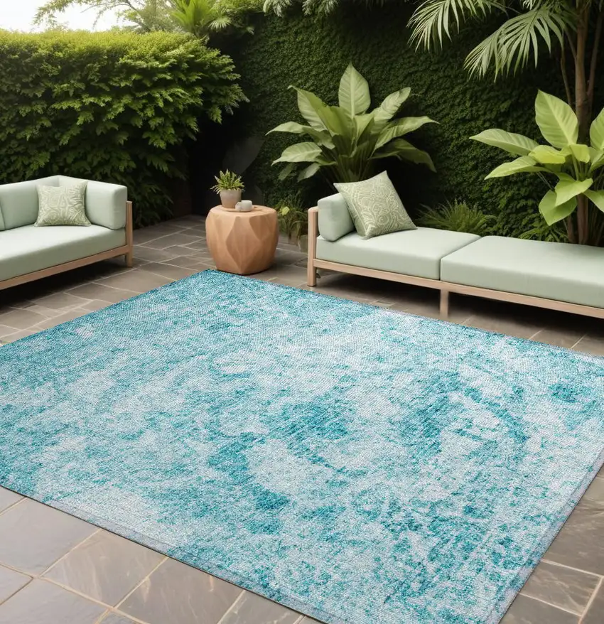 Teal Abstract Washable Non Skid Indoor Outdoor Area Rug Photo 1