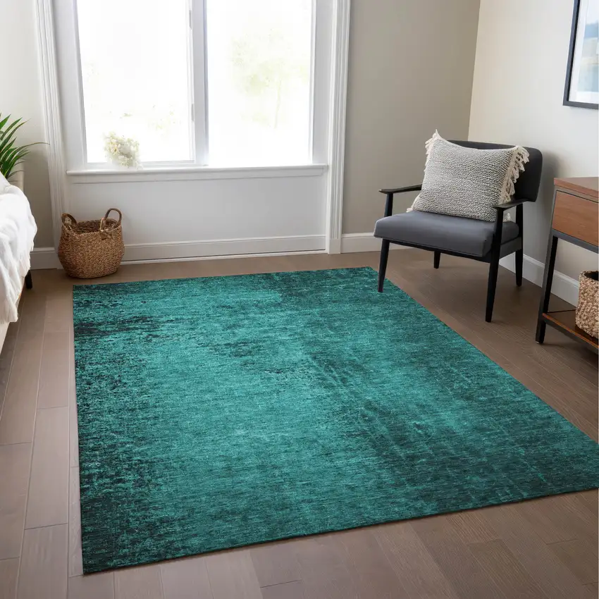 Teal Abstract Washable Non Skid Indoor Outdoor Area Rug Photo 9