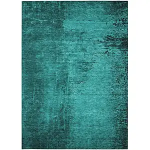 Photo of Teal Abstract Washable Non Skid Indoor Outdoor Area Rug