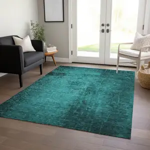 Photo of Teal Abstract Washable Non Skid Indoor Outdoor Area Rug