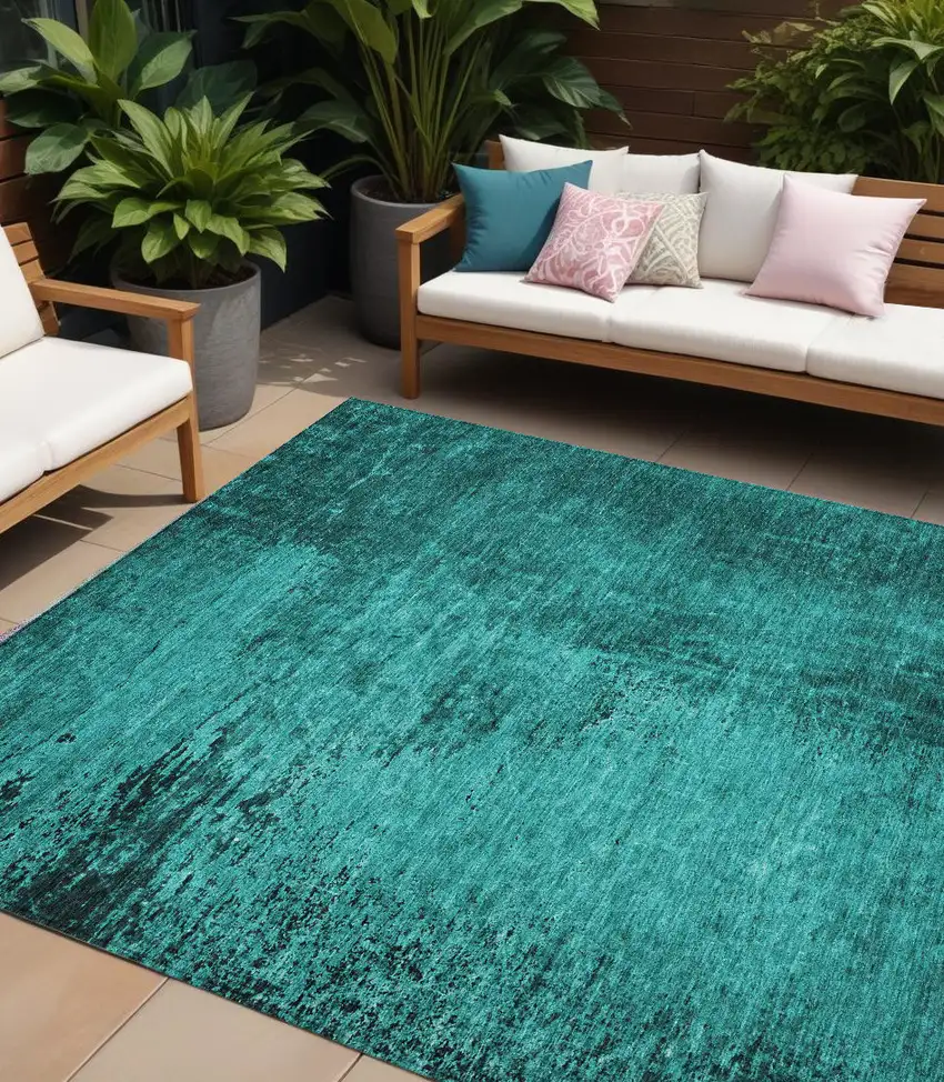 Teal Abstract Washable Non Skid Indoor Outdoor Area Rug Photo 1