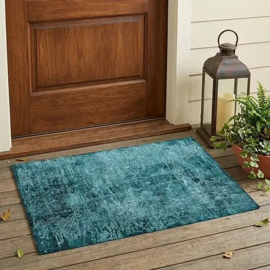 Teal Abstract Washable Non Skid Indoor Outdoor Area Rug Photo 1