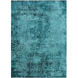 Photo of Teal Abstract Washable Non Skid Indoor Outdoor Area Rug