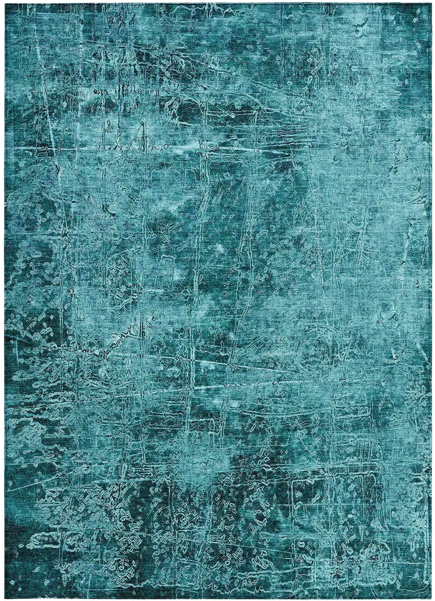 Teal Abstract Washable Non Skid Indoor Outdoor Area Rug Photo 4