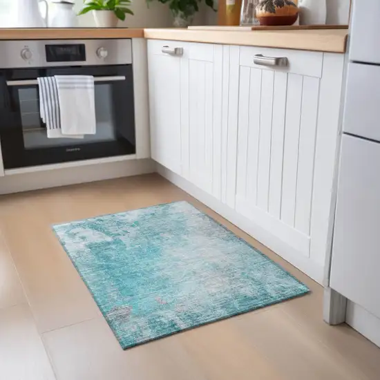 Teal Abstract Washable Non Skid Indoor Outdoor Area Rug Photo 9