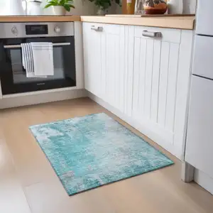 Photo of Teal Abstract Washable Non Skid Indoor Outdoor Area Rug