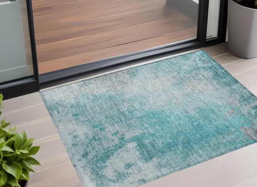 Teal Abstract Washable Non Skid Indoor Outdoor Area Rug Photo 1