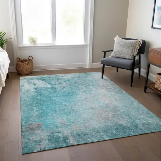 Teal Abstract Washable Non Skid Indoor Outdoor Area Rug Photo 9
