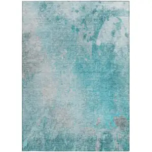 Photo of Teal Abstract Washable Non Skid Indoor Outdoor Area Rug