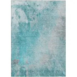 Photo of Teal Abstract Washable Non Skid Indoor Outdoor Area Rug