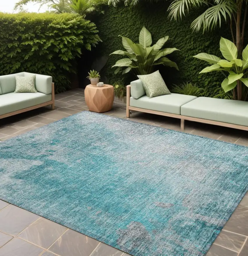 Teal Abstract Washable Non Skid Indoor Outdoor Area Rug Photo 1