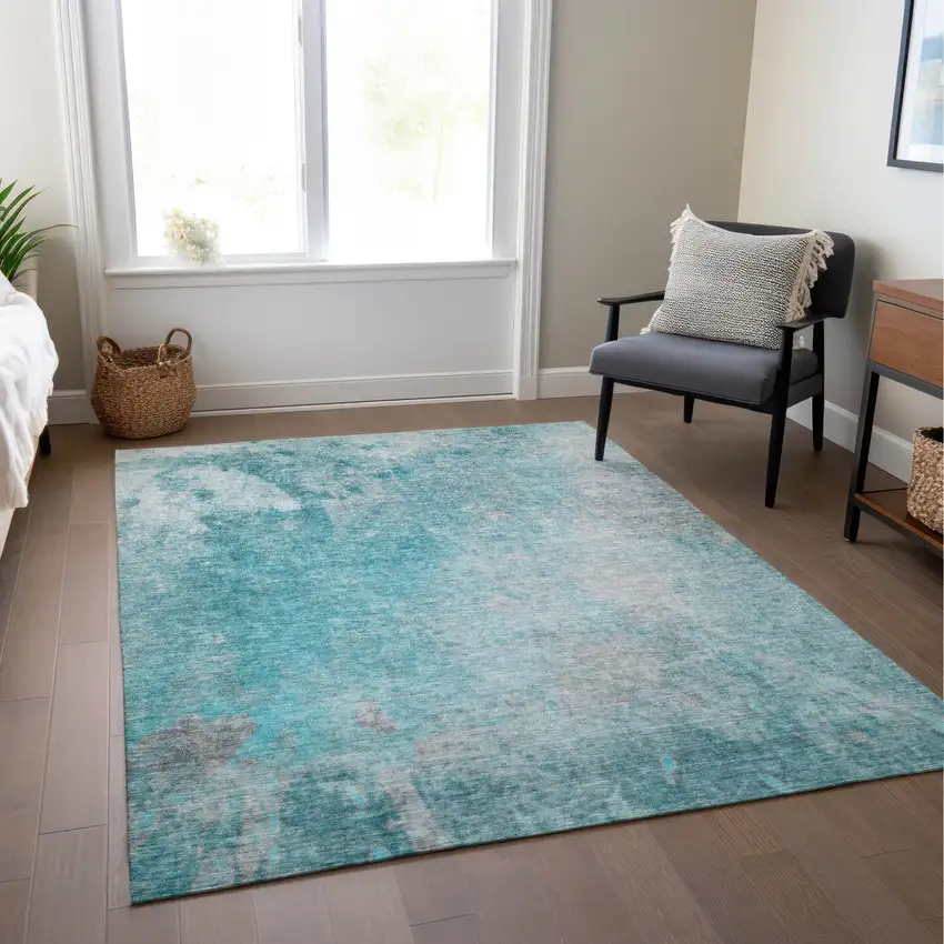 Teal Abstract Washable Non Skid Indoor Outdoor Area Rug Photo 9