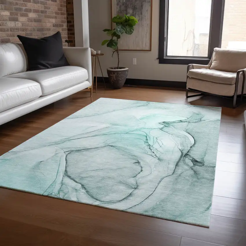 Teal Abstract Washable Non Skid Indoor Outdoor Area Rug Photo 9
