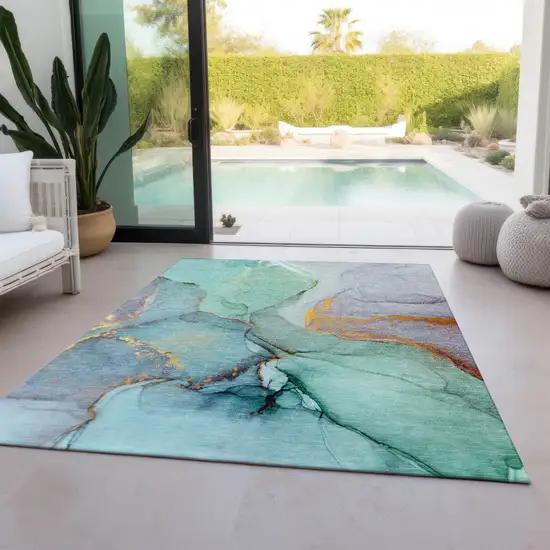 Teal Abstract Washable Non Skid Indoor Outdoor Area Rug Photo 9
