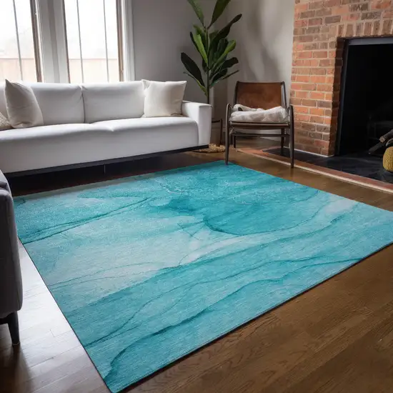 Teal Abstract Washable Non Skid Indoor Outdoor Area Rug Photo 9