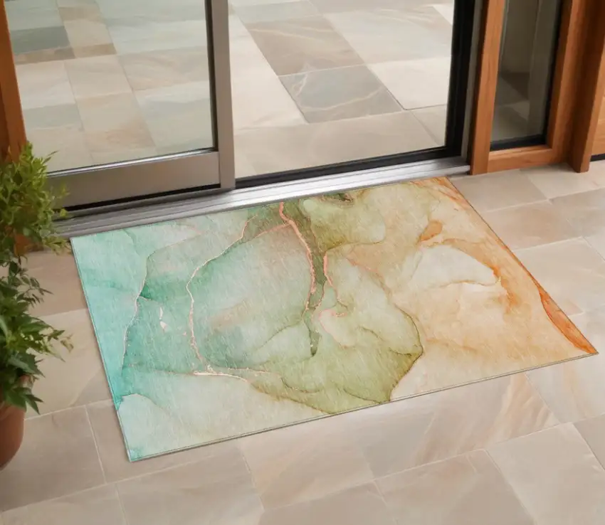 Teal Abstract Washable Non Skid Indoor Outdoor Area Rug Photo 1