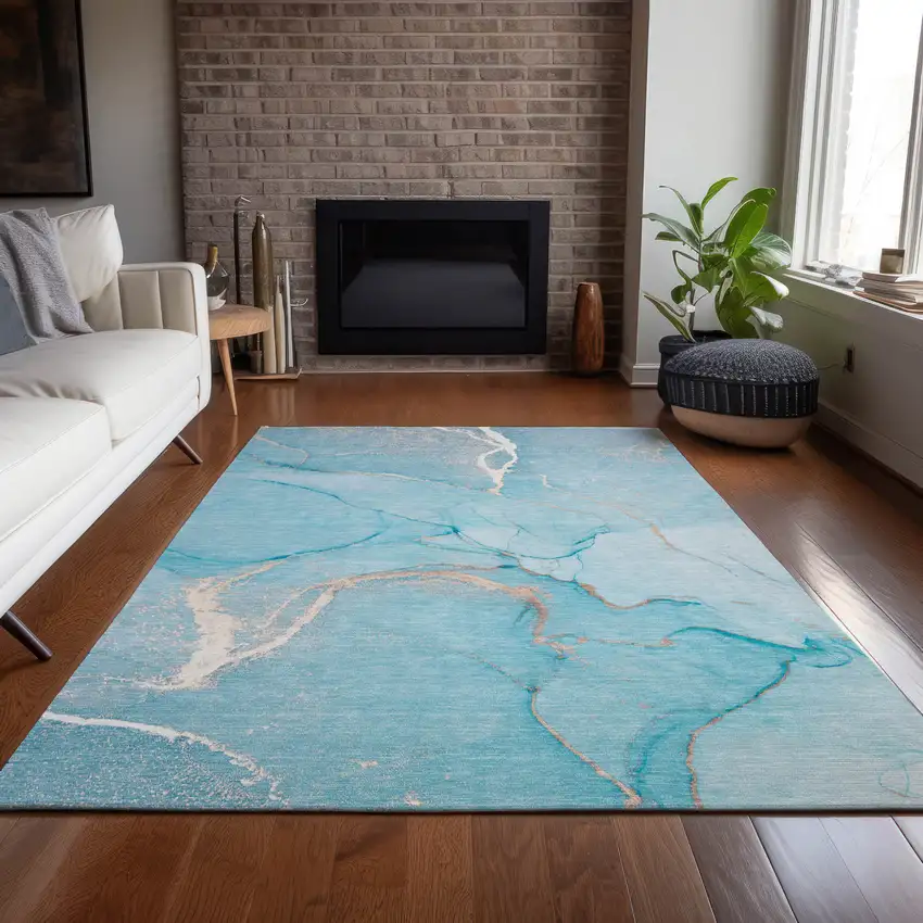 Teal Abstract Washable Non Skid Indoor Outdoor Area Rug Photo 9