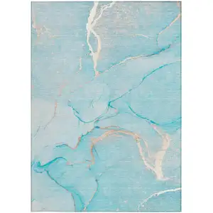 Photo of Teal Abstract Washable Non Skid Indoor Outdoor Area Rug