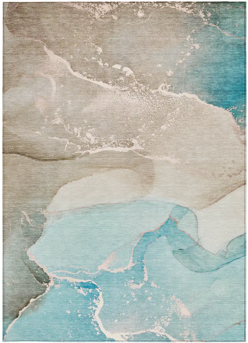 Teal Abstract Washable Non Skid Indoor Outdoor Area Rug Photo 4