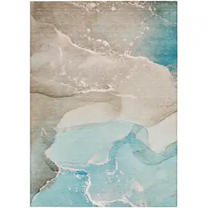 Photo of Teal Abstract Washable Non Skid Indoor Outdoor Area Rug