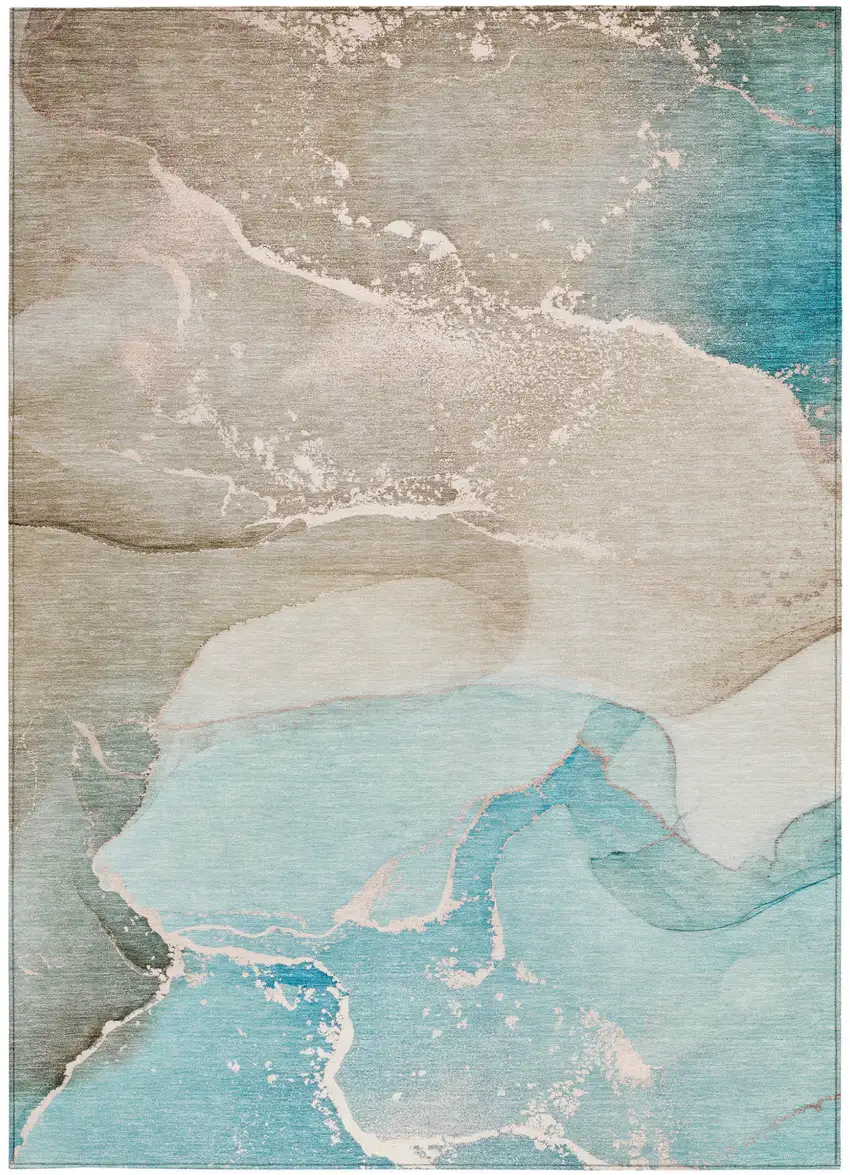Teal Abstract Washable Non Skid Indoor Outdoor Area Rug Photo 4