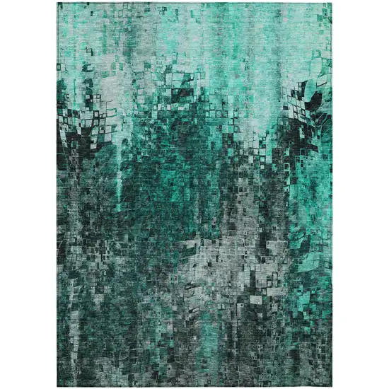 Teal Abstract Washable Non Skid Indoor Outdoor Area Rug Photo 2