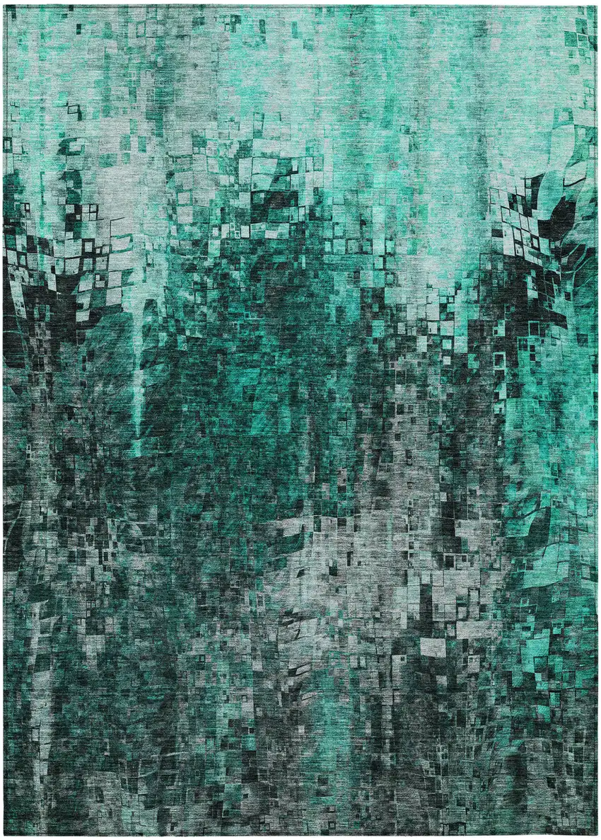 Teal Abstract Washable Non Skid Indoor Outdoor Area Rug Photo 2