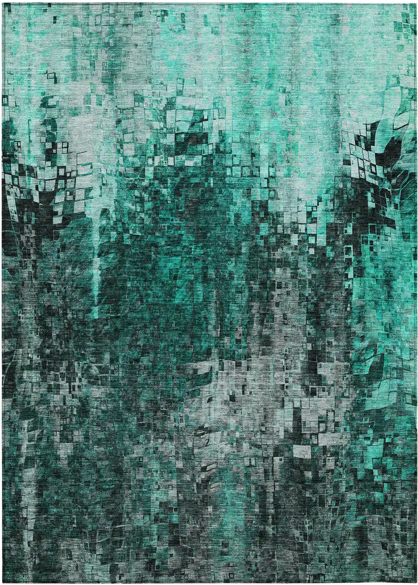 Teal Abstract Washable Non Skid Indoor Outdoor Area Rug Photo 2