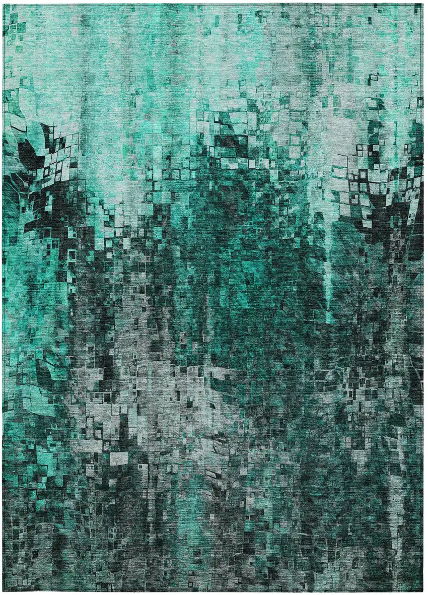 Teal Abstract Washable Non Skid Indoor Outdoor Area Rug Photo 6