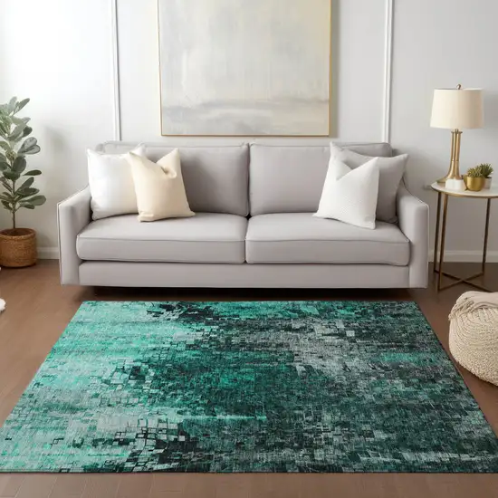 Teal Abstract Washable Non Skid Indoor Outdoor Area Rug Photo 8