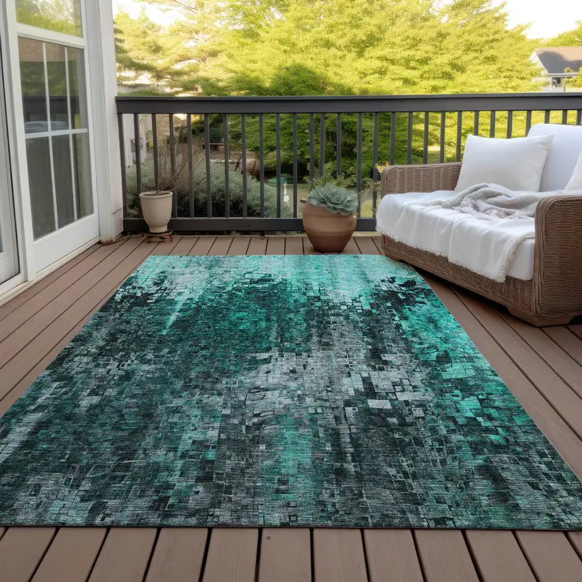 Teal Blue Aqua And Gray Abstract Washable Indoor Outdoor Area Rug Photo 9