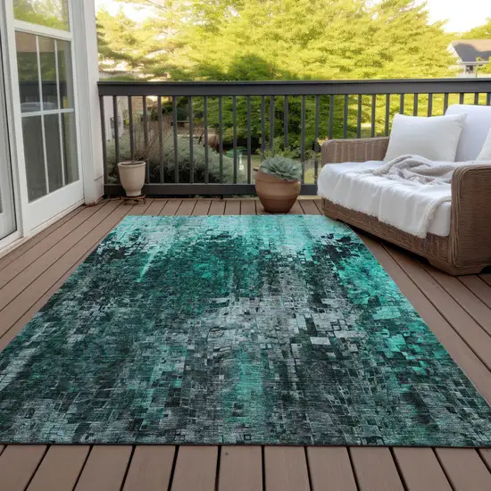 Teal Blue Aqua And Gray Abstract Washable Indoor Outdoor Area Rug Photo 9