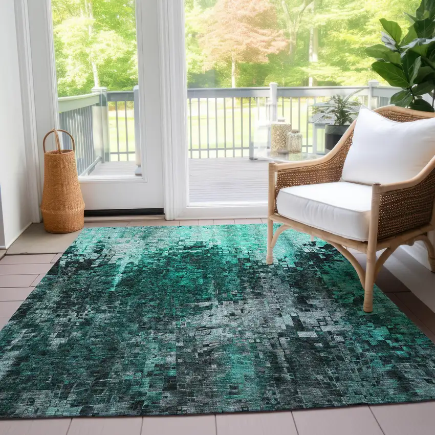 Teal Blue Aqua And Gray Abstract Washable Indoor Outdoor Area Rug Photo 8