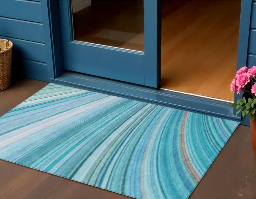 Teal Abstract Washable Non Skid Indoor Outdoor Area Rug Photo 1