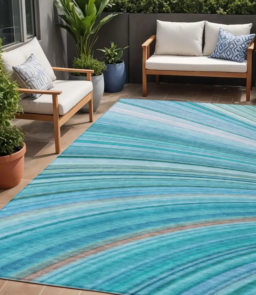 Teal Blue Aqua And Blue Abstract Washable Indoor Outdoor Area Rug Photo 1
