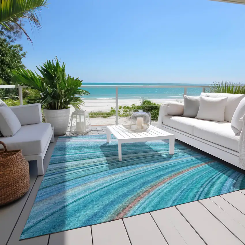 Teal Abstract Washable Non Skid Indoor Outdoor Area Rug Photo 8
