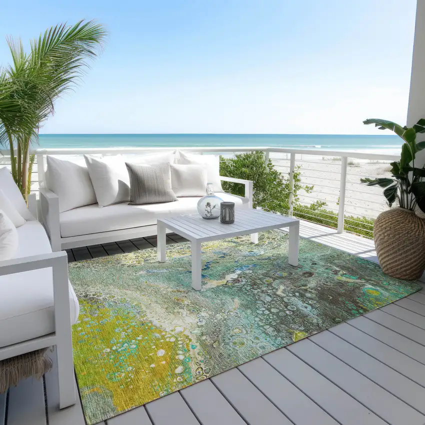 Teal Abstract Washable Non Skid Indoor Outdoor Area Rug Photo 8