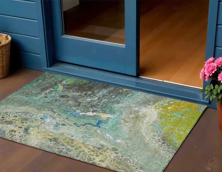 Teal Abstract Washable Non Skid Indoor Outdoor Area Rug Photo 1