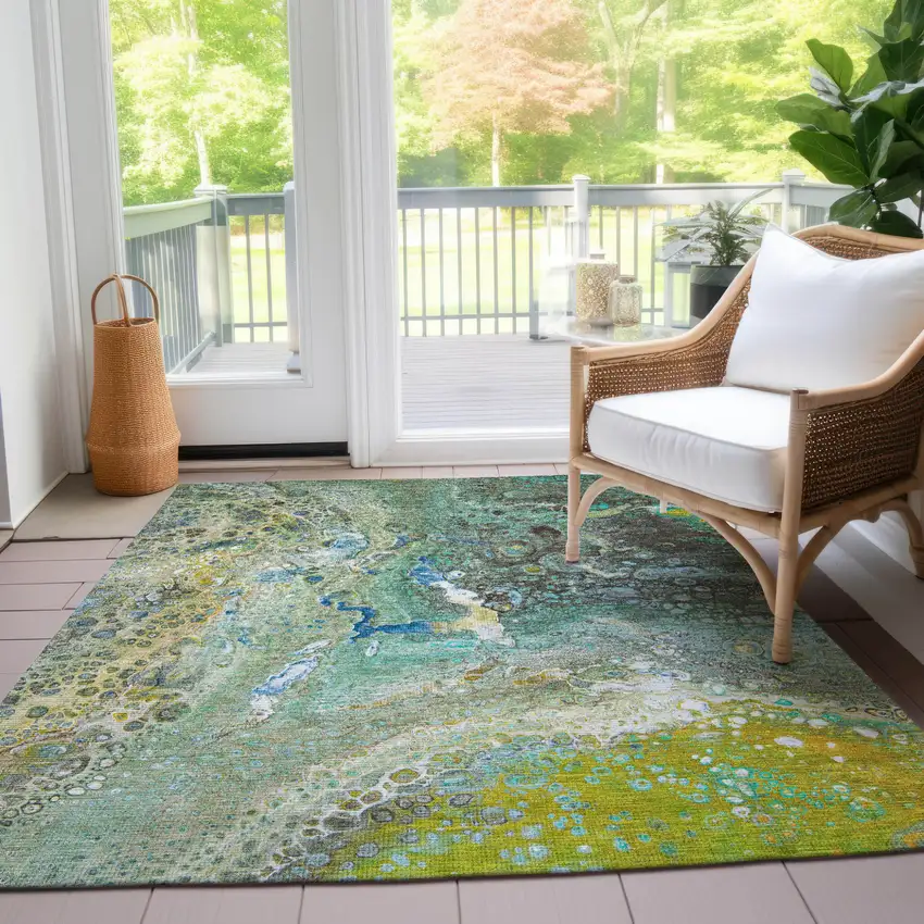 Teal Blue Lime Green And Green Abstract Washable Indoor Outdoor Area Rug Photo 8