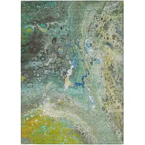 Photo of Teal Abstract Washable Non Skid Indoor Outdoor Area Rug