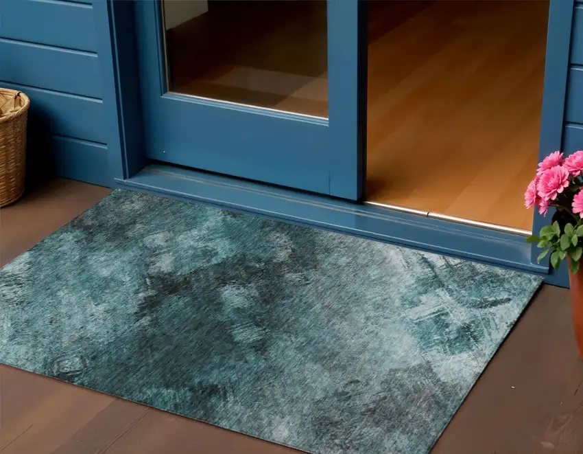 Teal Abstract Washable Non Skid Indoor Outdoor Area Rug Photo 1