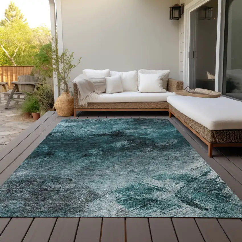 Teal Blue Aqua And Gray Abstract Washable Indoor Outdoor Area Rug Photo 8