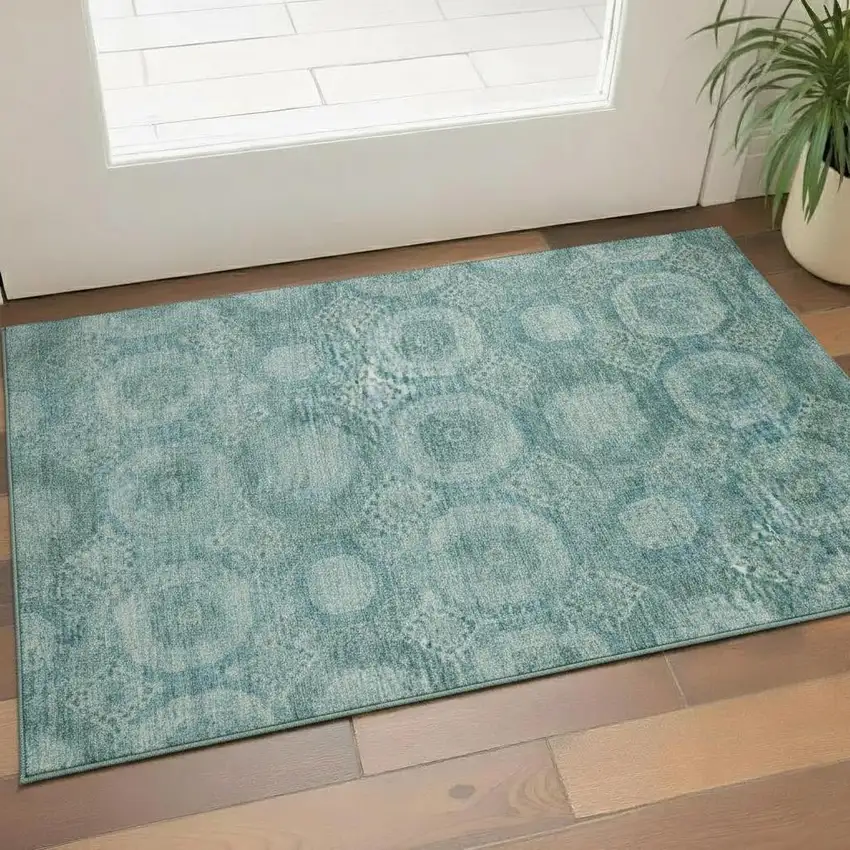 Teal And Aqua Abstract Geometric Washable Area Rug With UV Protection Photo 2