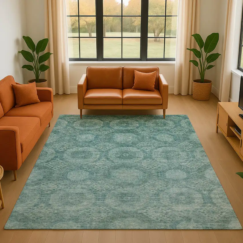 Teal And Aqua Abstract Geometric Washable Area Rug With UV Protection Photo 4