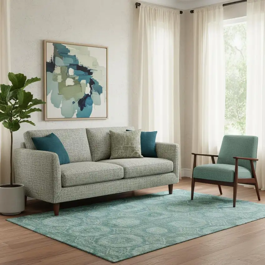 Teal And Aqua Abstract Geometric Washable Area Rug With UV Protection Photo 2