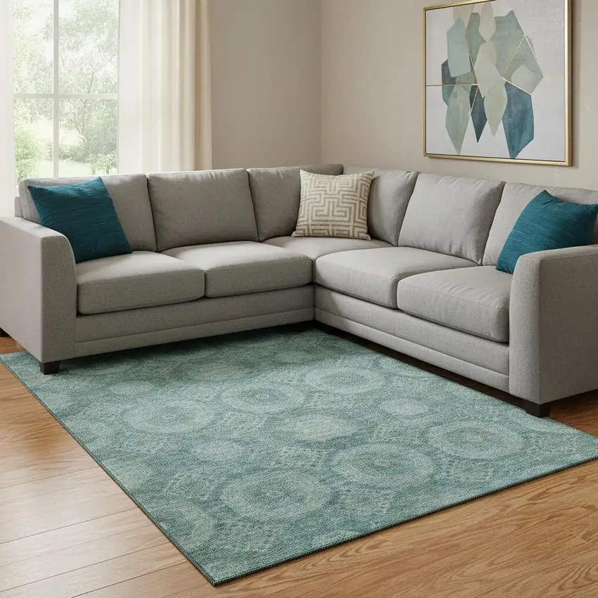 Teal And Aqua Abstract Geometric Washable Area Rug With UV Protection Photo 2