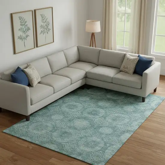 Teal And Aqua Abstract Geometric Washable Area Rug With UV Protection Photo 2