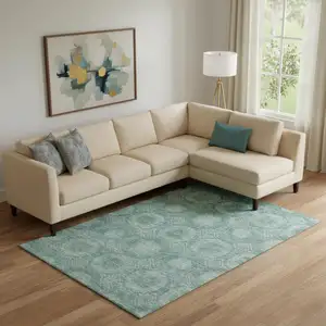Photo of Teal And Aqua Abstract Geometric Washable Area Rug With UV Protection