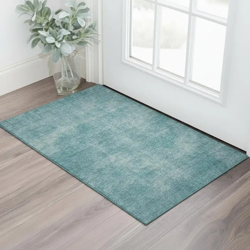 Teal And Aqua Abstract Washable Area Rug With UV Protection Photo 2