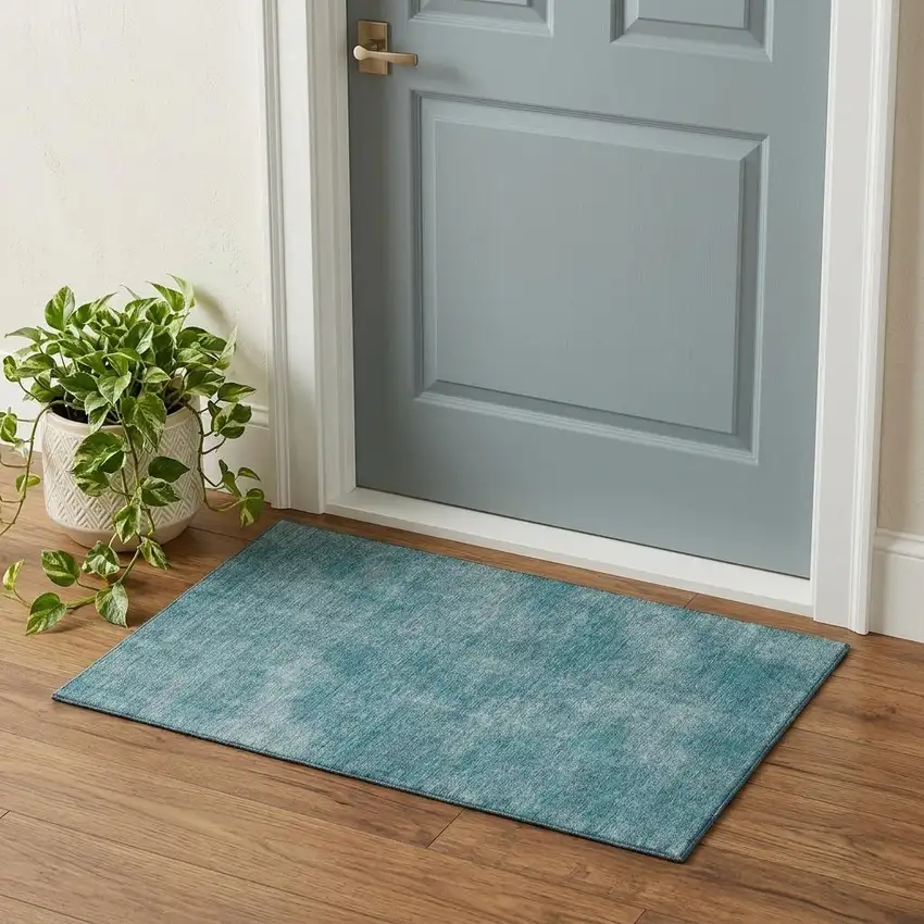 Teal And Aqua Abstract Washable Area Rug With UV Protection Photo 1
